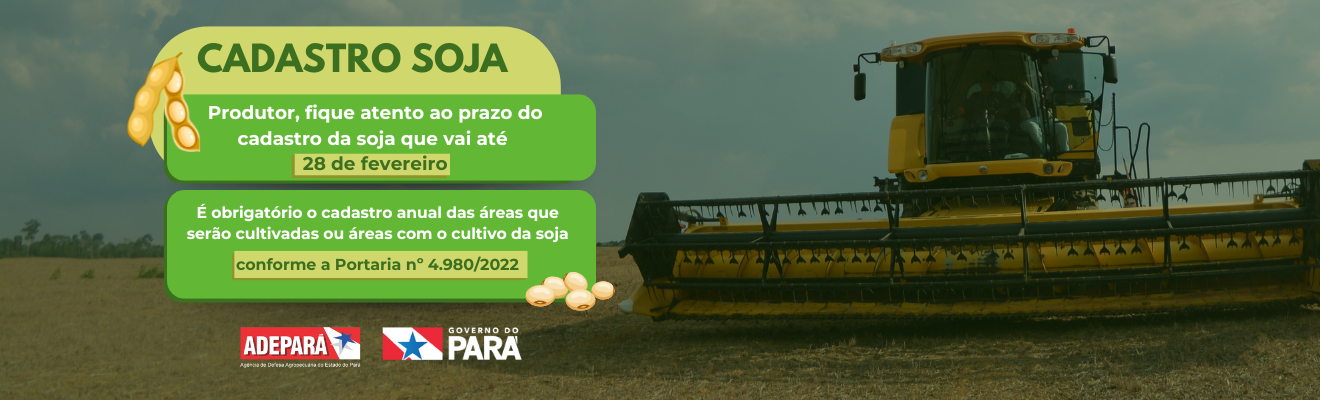 Ao fundo, foto  de maquinário de soja e à esquerda em fundo verde informações sobre o cadastro.